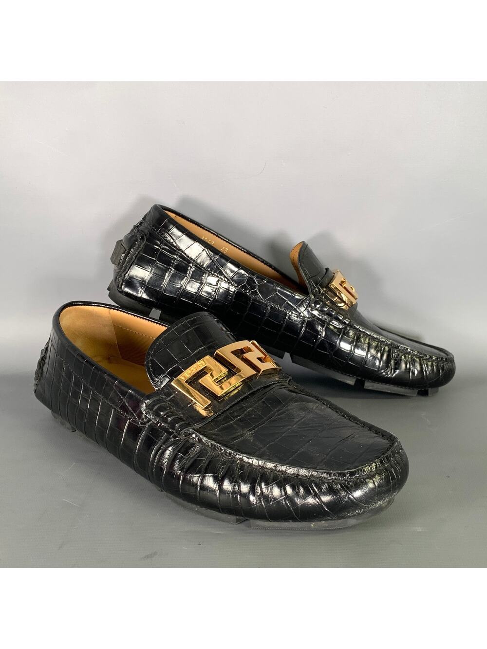 VERSACE Size 10 Black Gold Embossed Leather Slip On Loafers